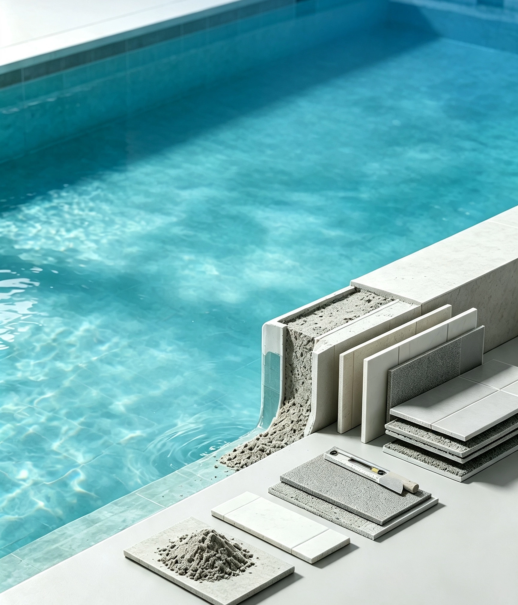 DASHA pool finishing system, completed commercial swimming pool interior with glass bead surface
