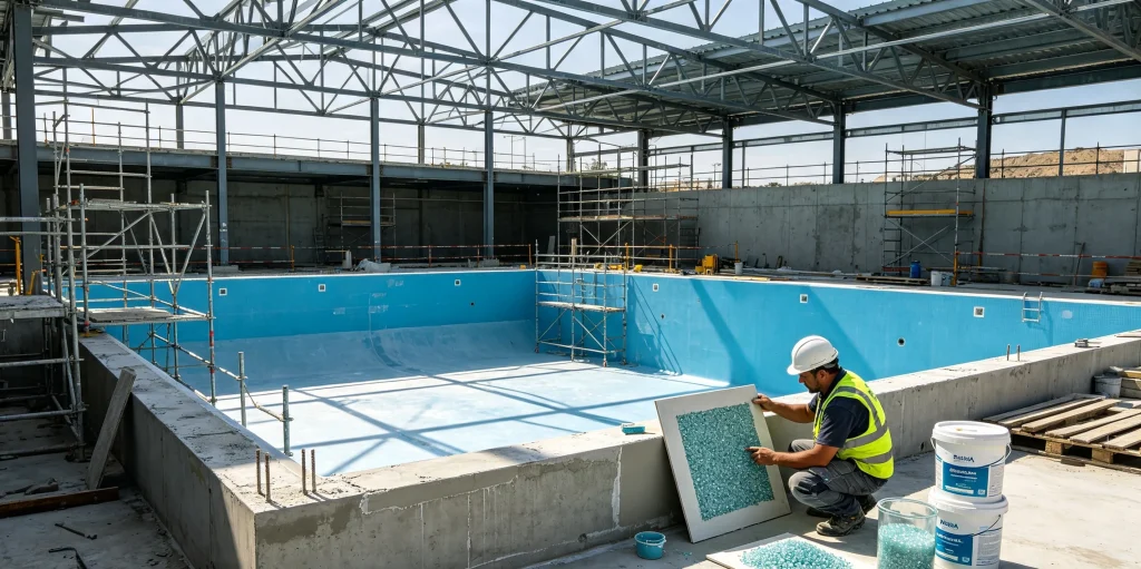 DASHA commercial swimming pool on-site construction panorama