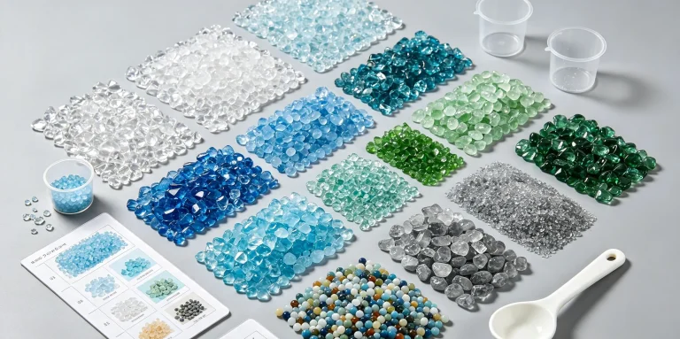 DASHA full color pool glass bead aggregate sample grain size comparison chart