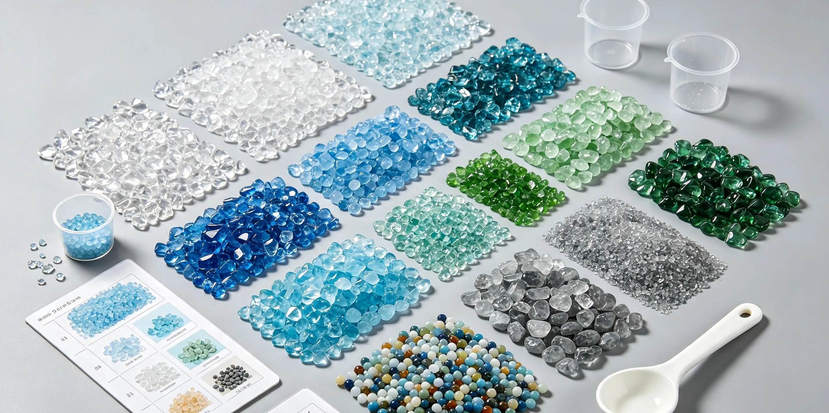 DASHA full color pool glass bead aggregate sample grain size comparison chart