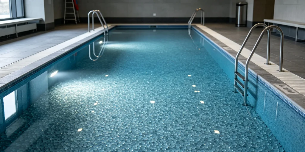 High-Durability Finishing Cases for Resort & Public Commercial Pools 2 Indoor constant temperature commercial pool DASHA glass bead floor close-up
