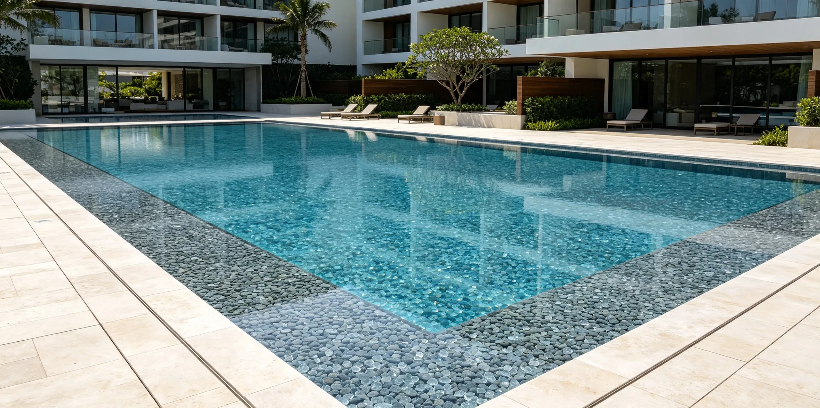 Newly built luxury villa swimming pool finished with DASHA glass bead aggregate