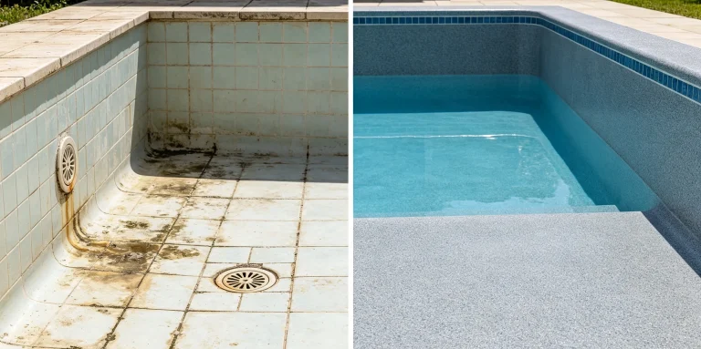 Full split comparison photo of old pool renovation with DASHA glass bead