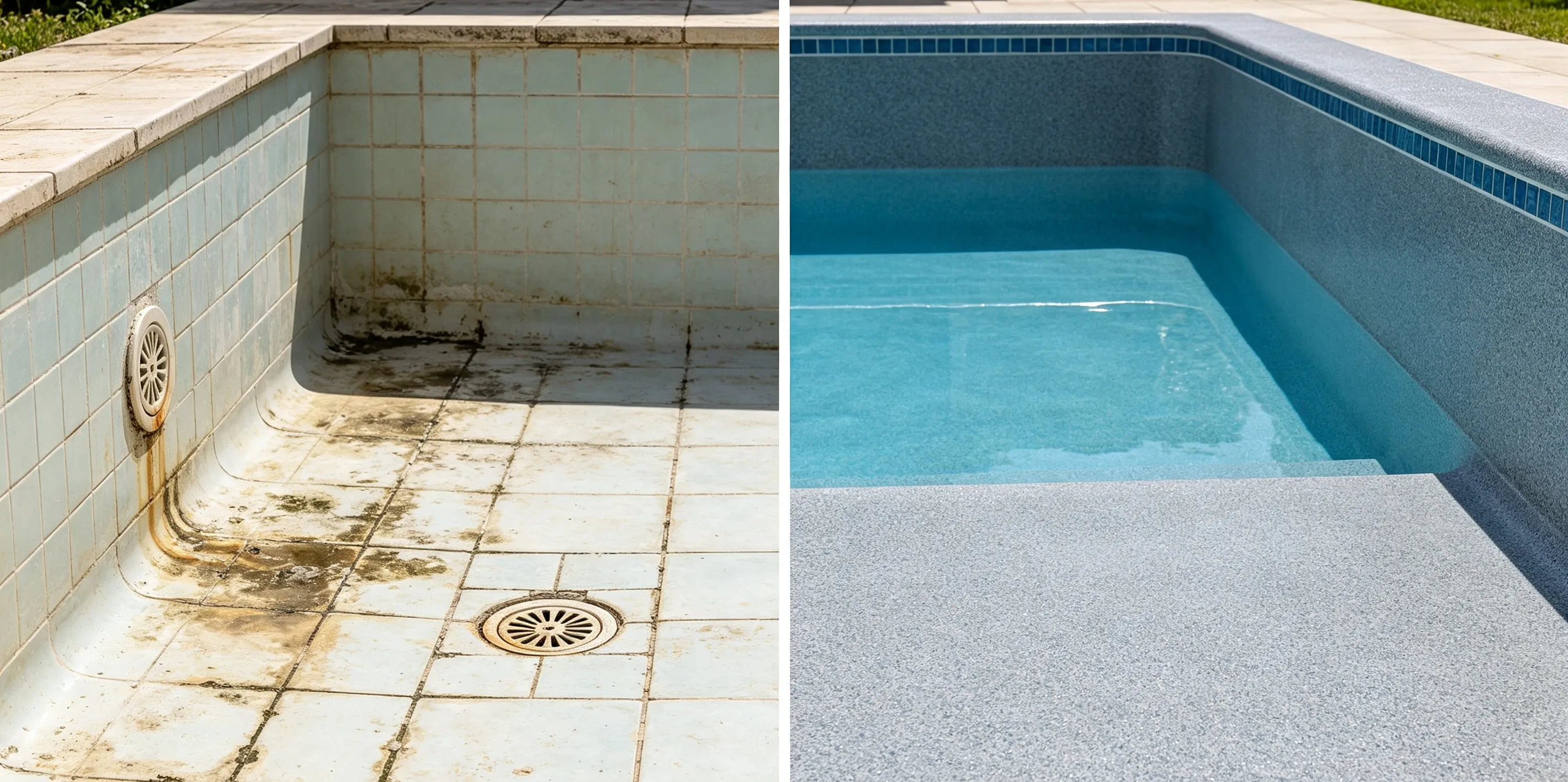 Full split comparison photo of old pool renovation with DASHA glass bead