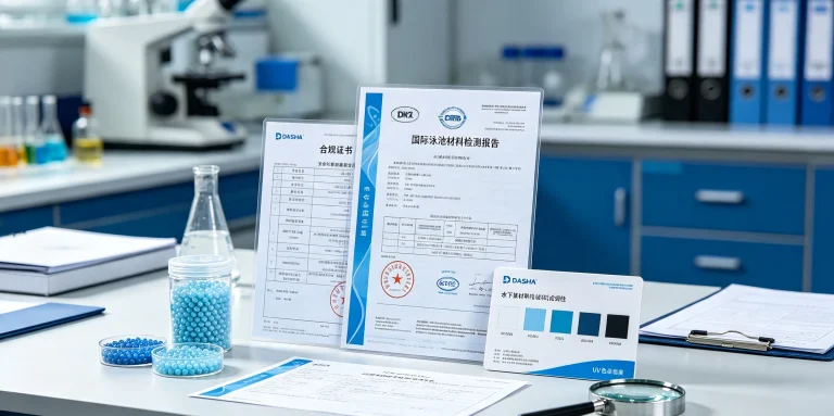 DASHA pool finishing material international safety standard test documents and samples