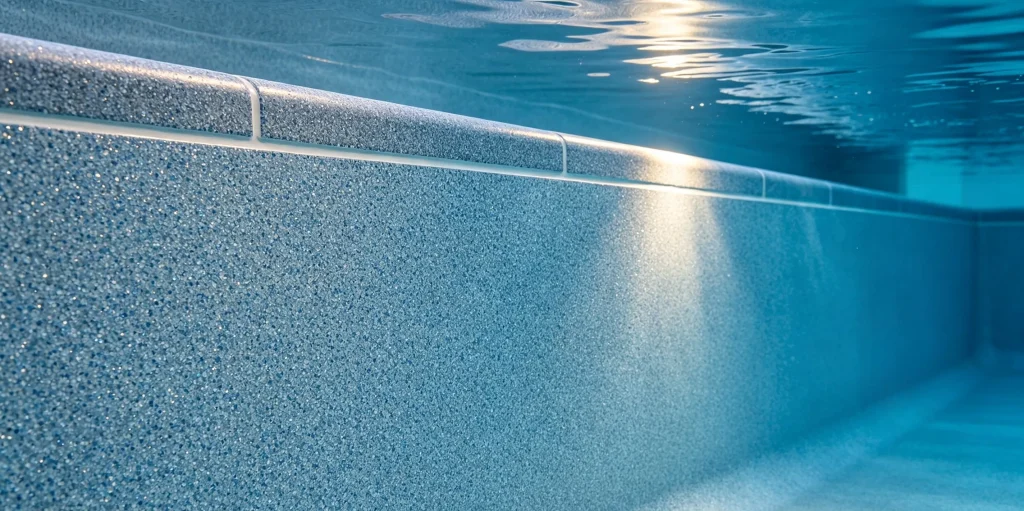 Close-up of renovated pool wall covered with DASHA colored glass bead aggregate